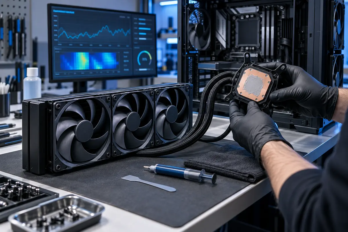Gaming PC liquid cooling system inspected on a repair bench