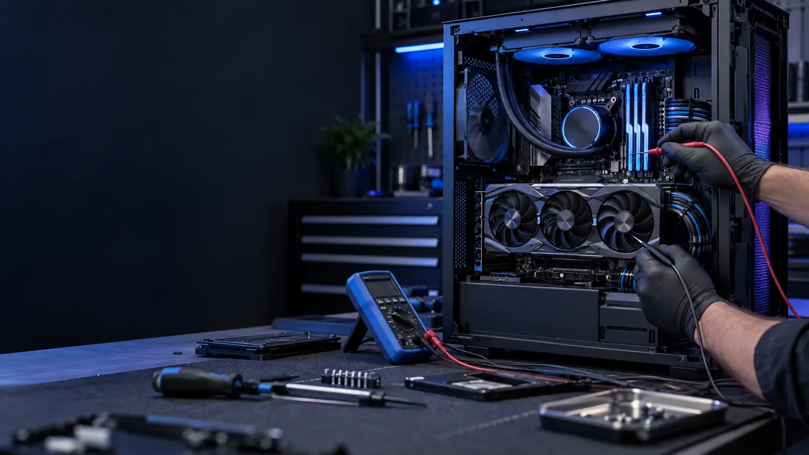 Gaming PC open on a professional repair bench during component diagnostics