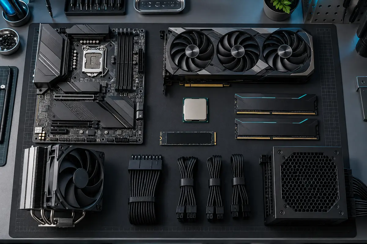 Gaming PC components organized for a compatibility-checked upgrade