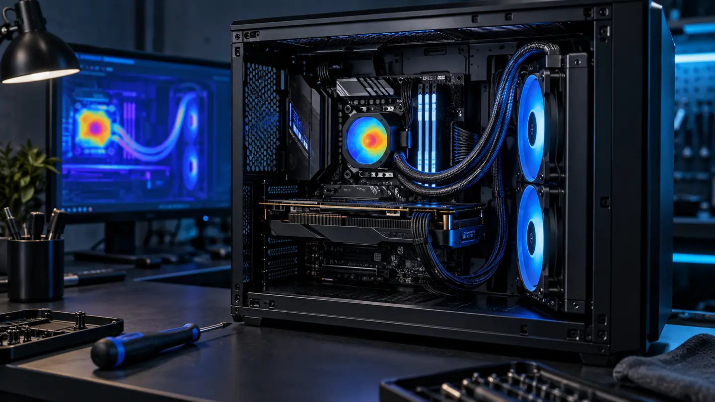 AIO liquid cooler, pump, radiator and fans undergoing thermal diagnostics