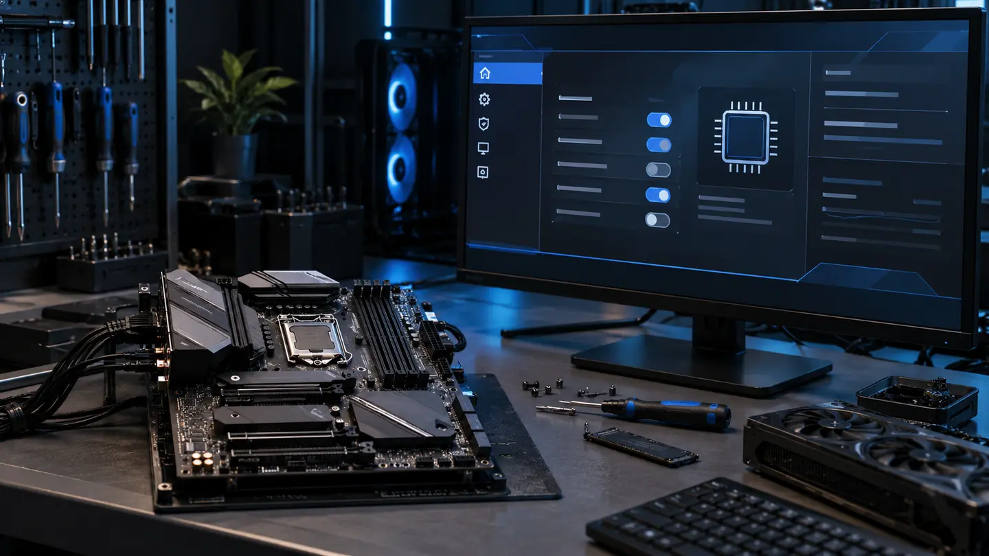 Gaming motherboard connected for BIOS, UEFI and Secure Boot configuration