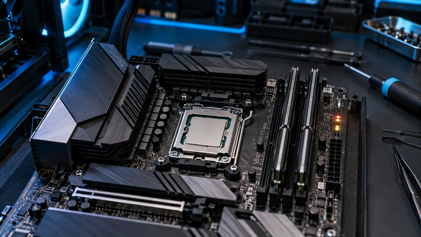Gaming motherboard and processor undergoing POST and debug-light diagnostics