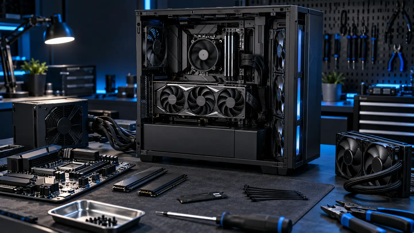 Custom gaming PC components arranged for compatibility-checked assembly