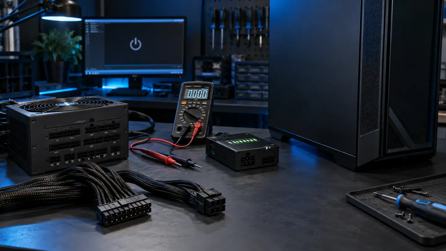 Gaming PC power supply, motherboard and GPU power cables prepared for safe electrical testing